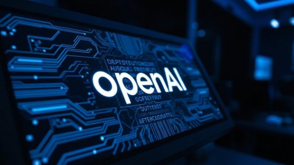 Futuristic digital interface with OpenAI logo on screen.