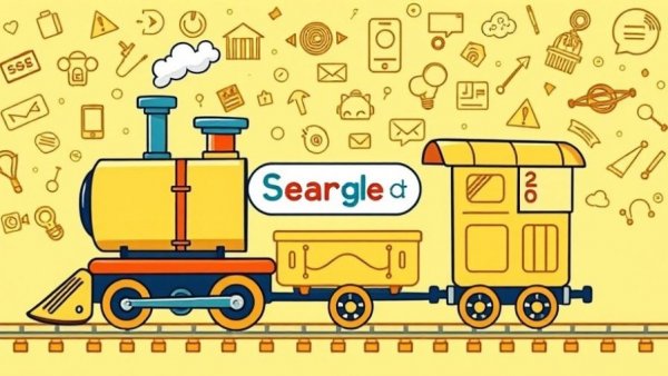 Whimsical train with search elements on doodle background for AI Search Strategies for SMBs.