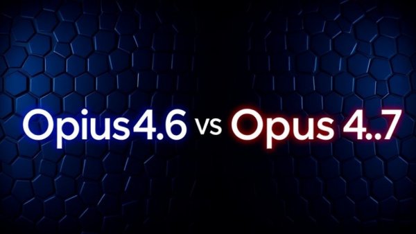 Opus 4.7 vs 4.6 comparison graphic with hexagonal background.