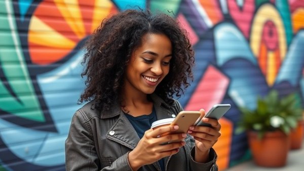 Young woman checks phone, holds coffee in front of colorful mural