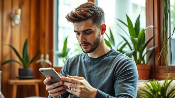 India's app market growth: young man using smartphone indoors.