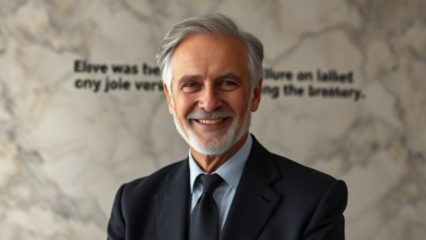 Distinguished man in black suit against a marble backdrop.
