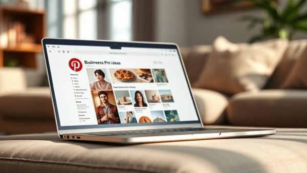 Modern laptop showing Pinterest for business ideas 2026.
