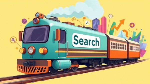 Integrate PR and SEO for brand visibility illustration of a search engine train in a playful style.