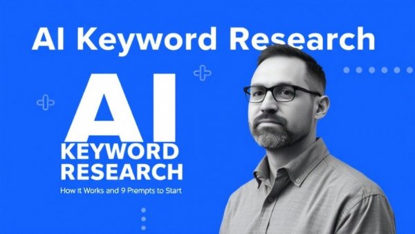 Digital header about AI Keyword Research with blue background