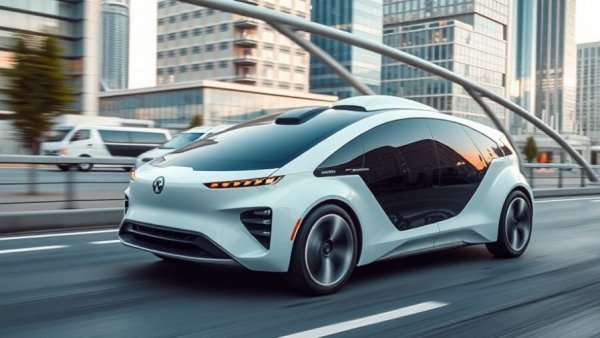 Autonomous vehicle driving on highway with city in background.