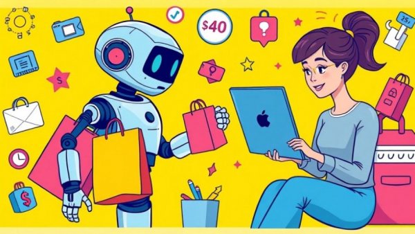 Illustration of AI aiding online shopping, showcasing brand identity.