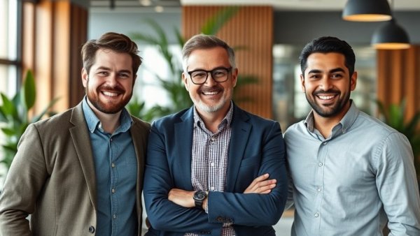 Confident businessmen in modern office, AI healthcare appointment scheduling.