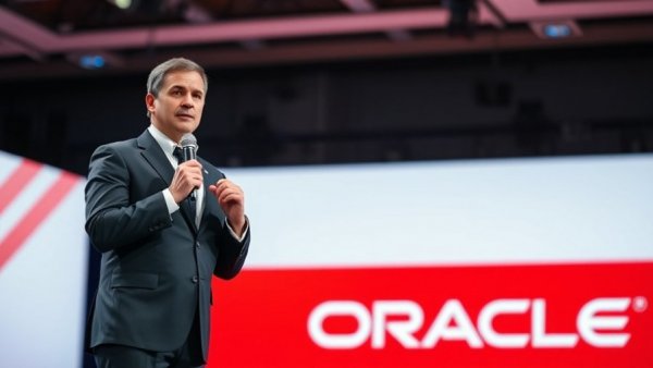 Oracle severance package presentation at tech conference stage.