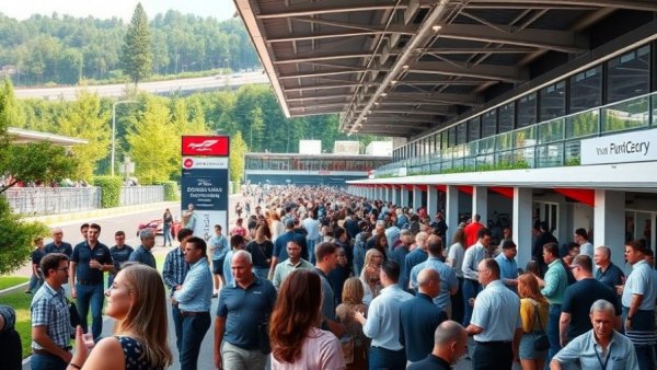 Lively F1 paddock scene with attendees discussing startup deals.