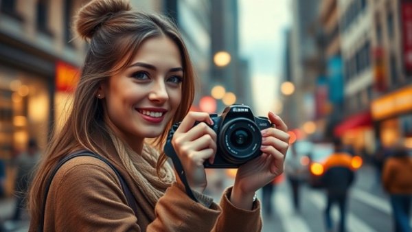 Woman photographing street scene capturing social media image sizes.
