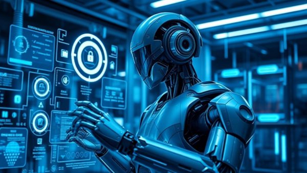 Futuristic robot in digital lab with holographic interfaces