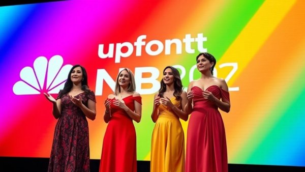 Women presenting Next-Gen TV Technology for Businesses on colorful stage.