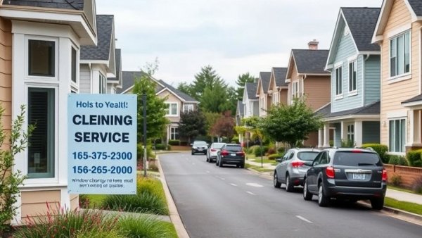 Window cleaning service sign in suburban street promoting social proof in online marketing.