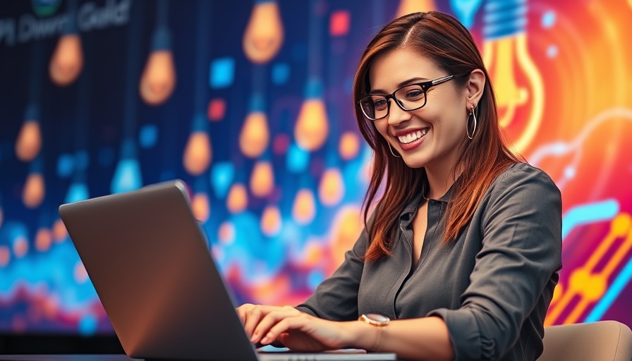 Smiling woman using a laptop with vibrant light bulb graphics, emphasizing the importance of brand style guides.