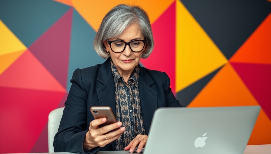 Stylish older woman using smartphone and laptop, ChatGPT prompts for marketing.