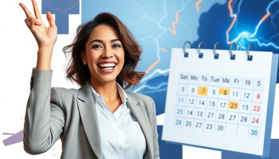Professional woman celebrates next to editorial calendar graphic.
