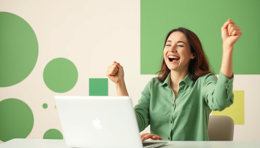 Joyful woman using laptop, celebrating success, effective keyword research strategies.