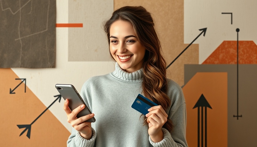 Smiling woman with phone and credit card, abstract marketing designs.