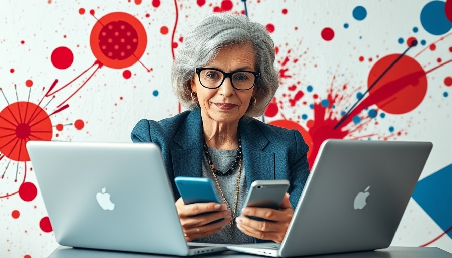Stylish elderly woman using technology with abstract digital art.