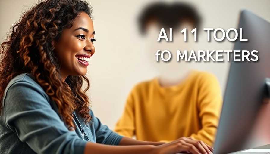 Smiling woman using AI tools for marketing strategy in office