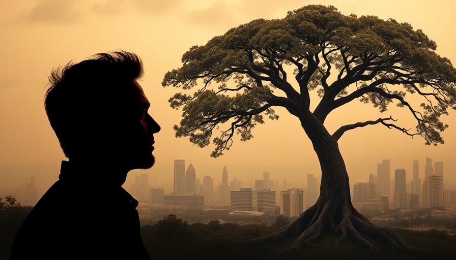 Silhouette contemplating decision tree against city skyline and natural tree backdrop.