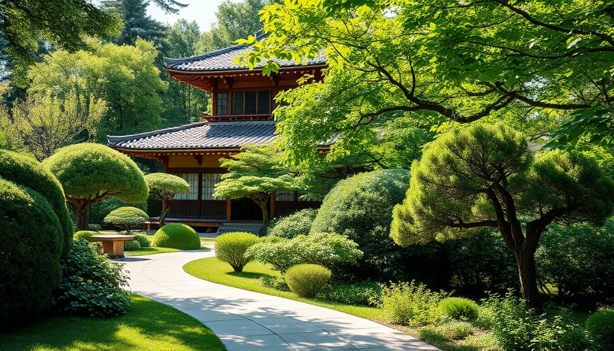 Serene Japanese garden with wooden house and stone path.