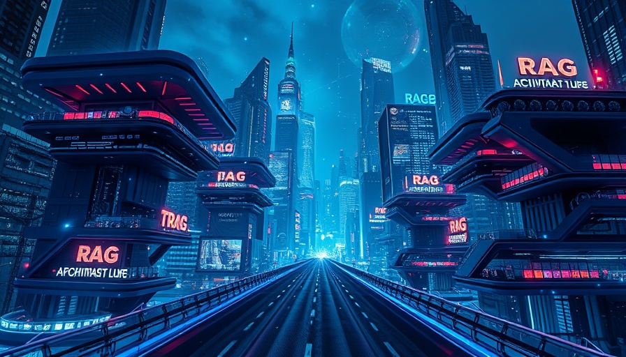 Advanced RAG architectures in a futuristic cityscape with data layers.