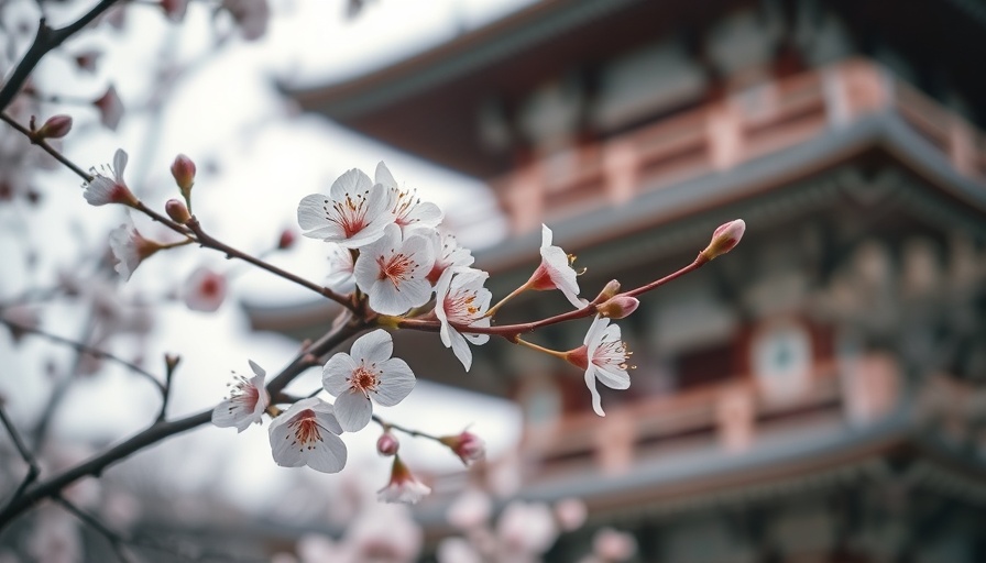 Cherry blossom branch and pagoda in serene photorealistic scene.