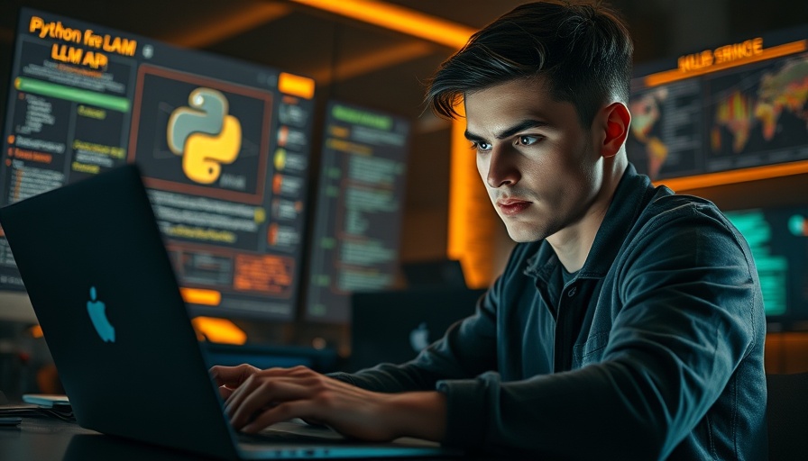 Focused young man coding Python LLM API project in tech-themed workspace.