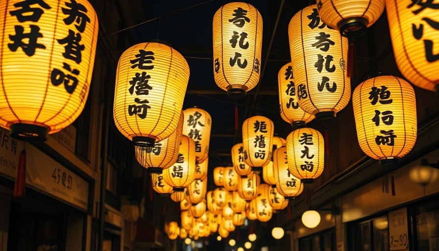 Japanese paper lanterns glowing warmly at night in urban setting.