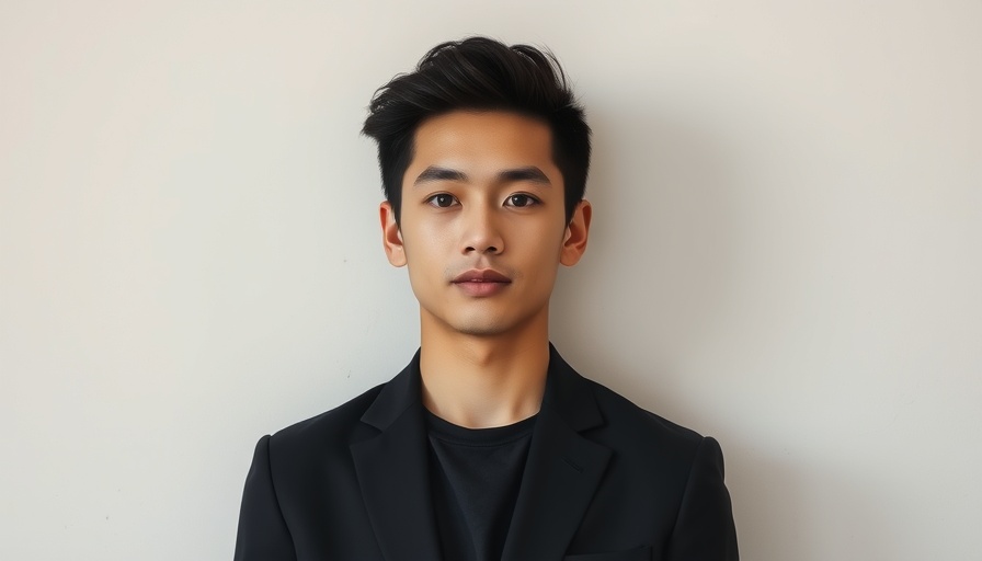 Young man in a black blazer with neutral expression, simple background.