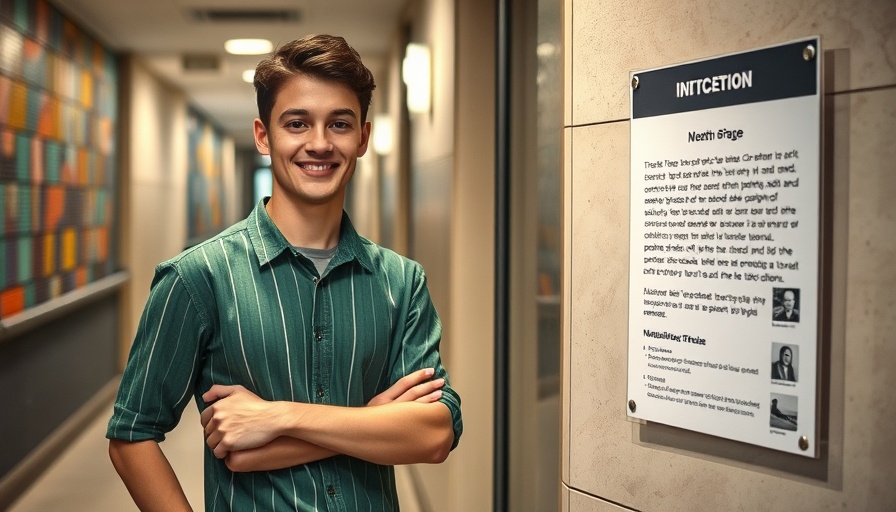 Young man next to auditorium sign with colorful mosaic background, GPT-4o visual capabilities.