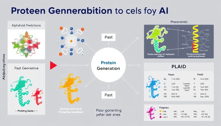Diagram comparing protein generation: AlphaFold, previous methods, PLAID.