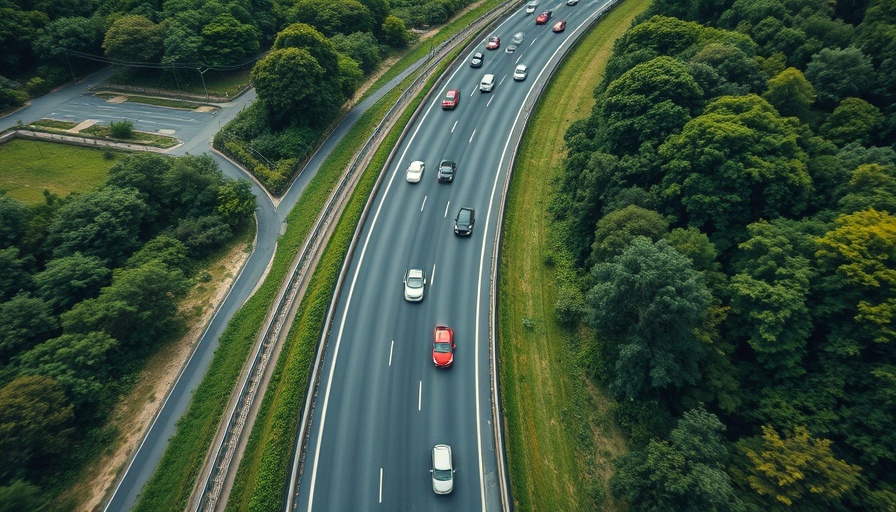 Aerial view of highway illustrating reinforcement learning for traffic smoothing with smooth vehicle flow and green surroundings.