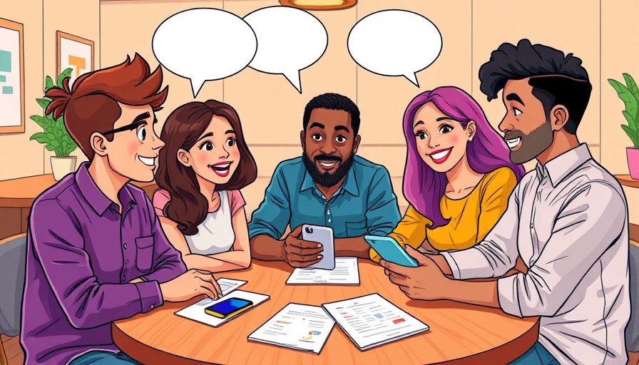 Cartoon showing sound localization technology in group conversation.