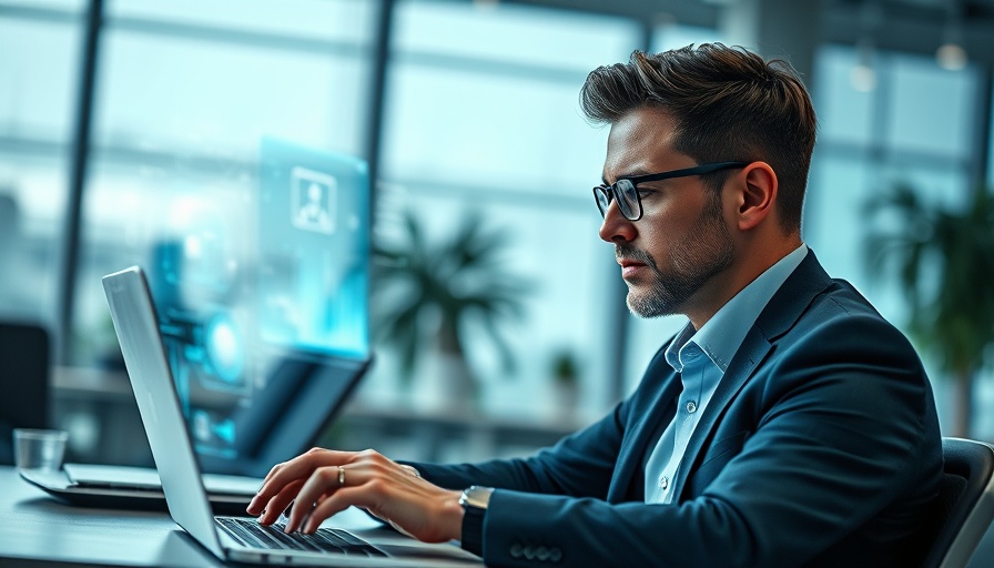 Grok technology in business with AR prompts on laptop.