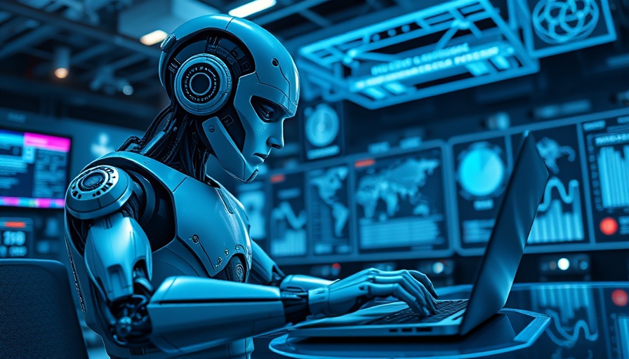 Futuristic robot working on AI app with LangGraph and Django in a high-tech setting.