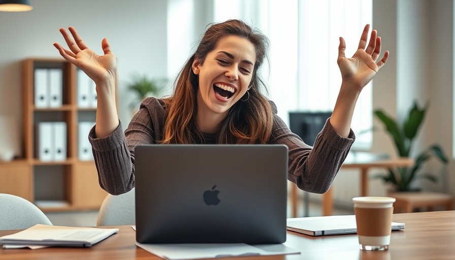 Joyful woman celebrating LinkedIn post success.