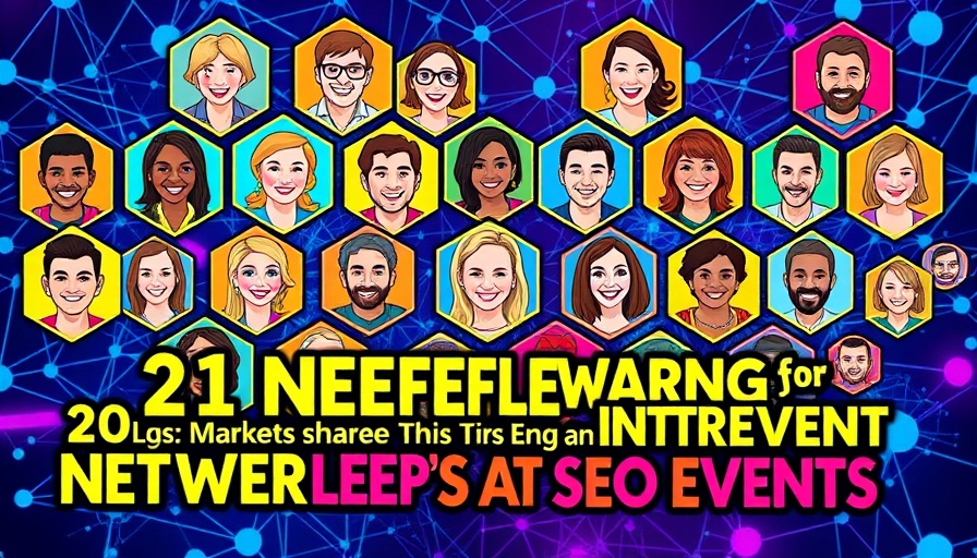 Marketing infographic on networking at SEO events, vibrant network grid.