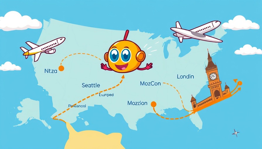 MozCon 2025 agenda map with Roger's travel route from Seattle to London.