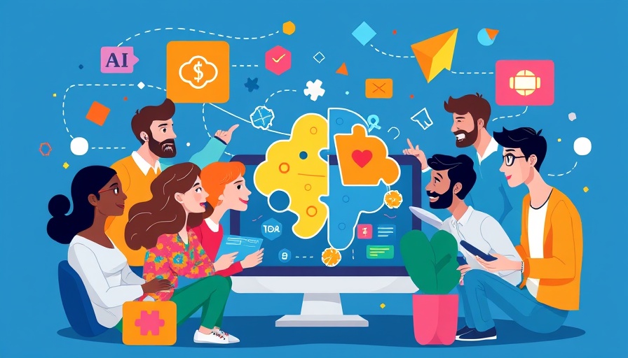 AI for content marketers in a digital illustration with diverse team and blue background.