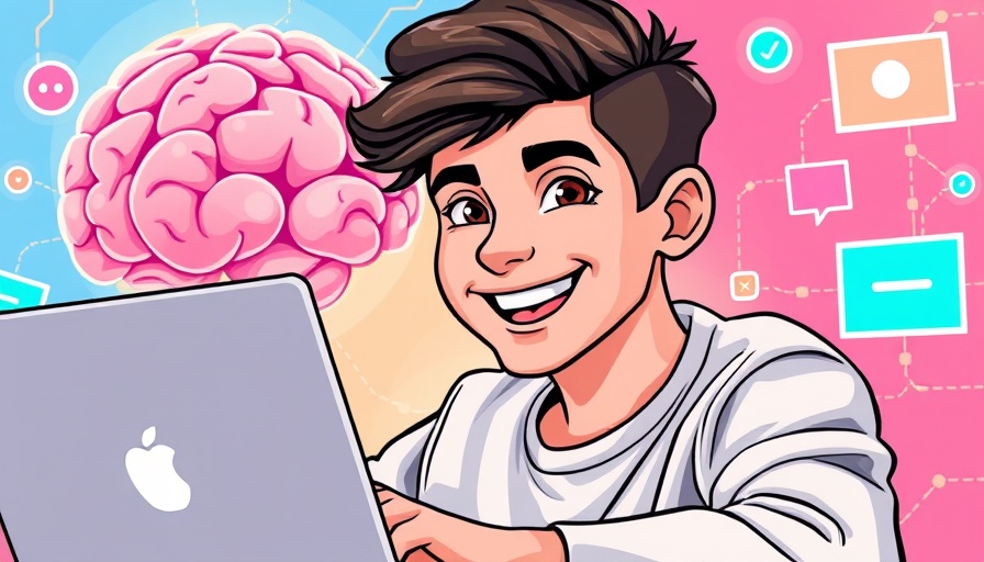 Cartoon of a man at a laptop for AI brand voice training.
