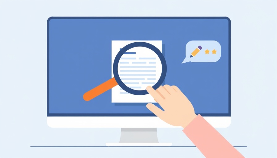 Illustration showing content analysis with a magnifying glass and pencil on a computer screen.