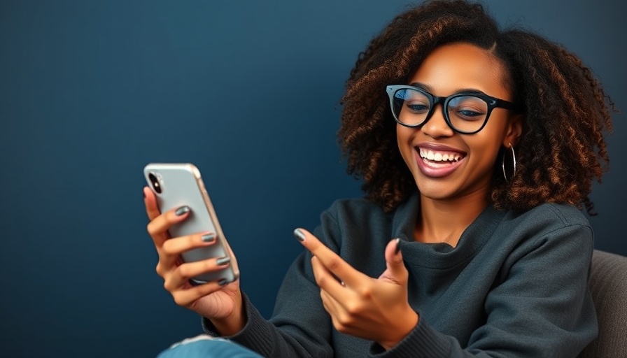 Joyful woman finding trending reels on Instagram with smartphone.