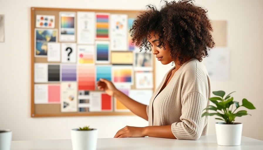 Woman organizing design on TikTok bulletin board in a cozy room.
