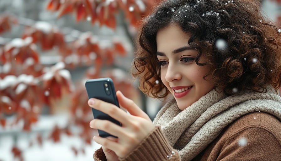 Winter scene of a woman using a smartphone in the snow.