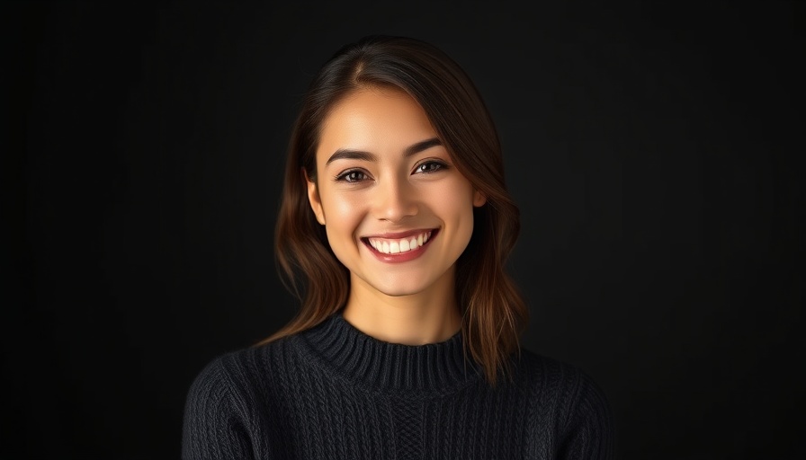 Portrait of young woman with curly hair smiling against dark background.