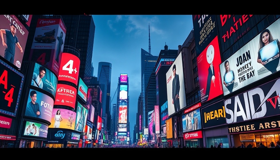 Futuristic city with vibrant LED billboards displaying Super Bowl ads 2025.