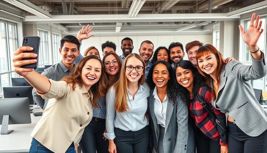 Group selfie in modern office, emphasizing B2B marketing skills for success in 2025.